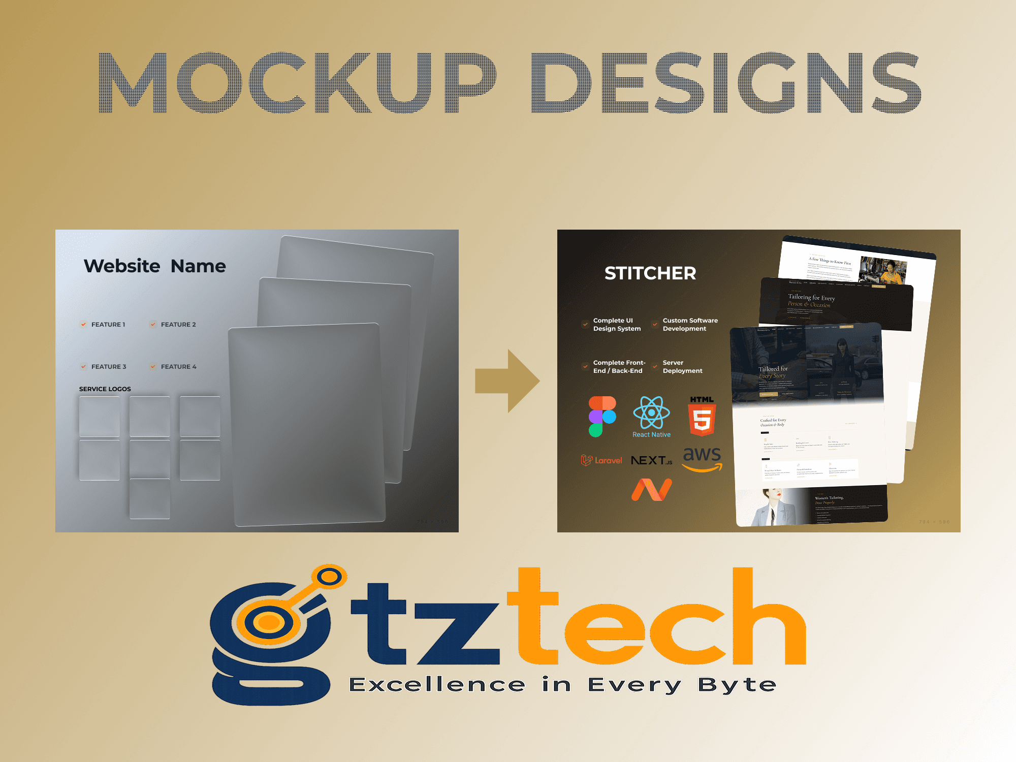 Mockup Design — custom, brand-matched presentation mockups by GitzTech for Stitcher/Thornton & Co., Mindway, and Maxi Malt, turning finished websites into portfolio- and Behance-ready visual stories.