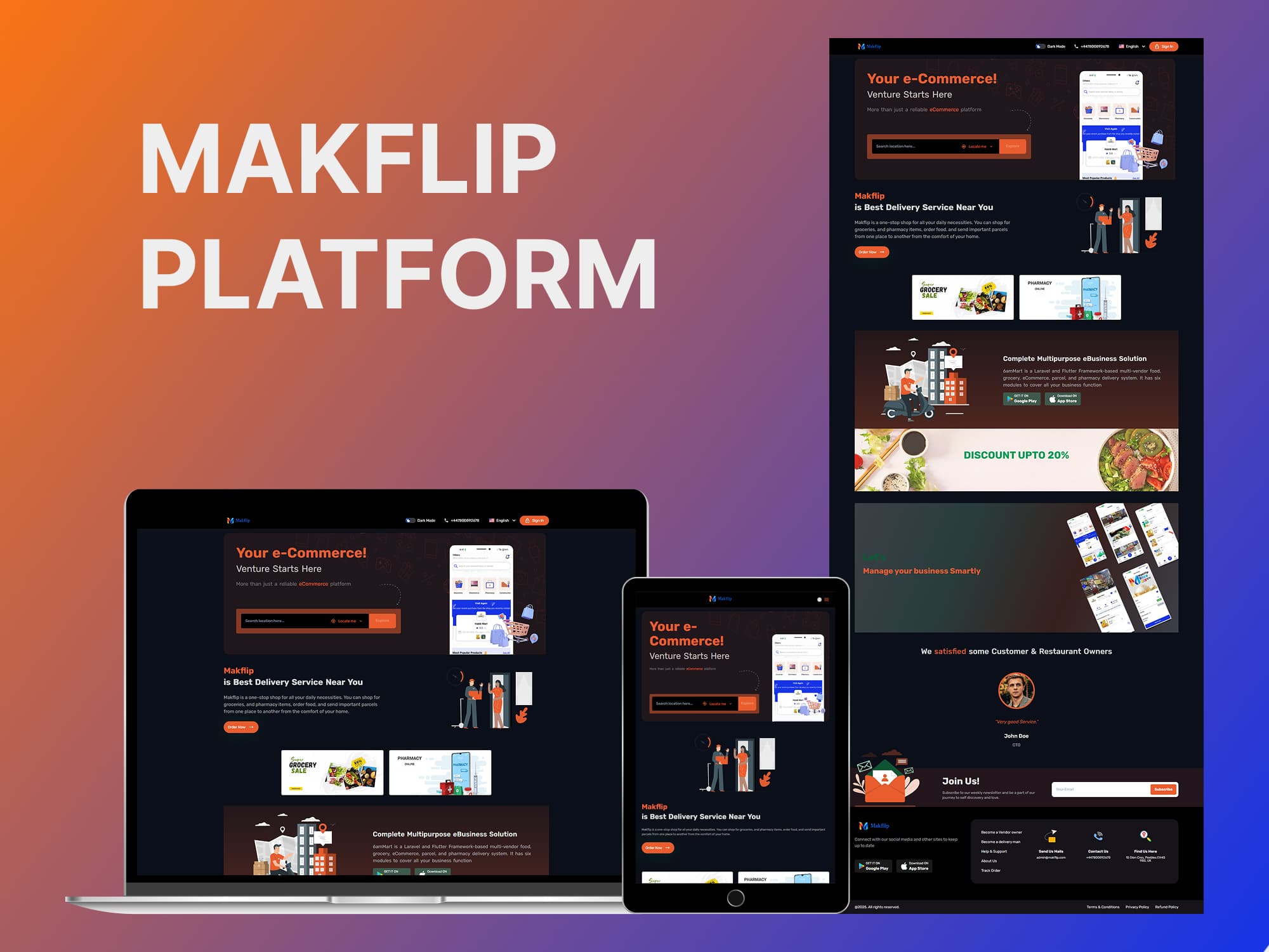 Makflip — a multi-vendor eCommerce marketplace platform by GitzTech, spanning a customer storefront, vendor portal, admin dashboard, and mobile apps for grocery, pharmacy, and electronics delivery.
