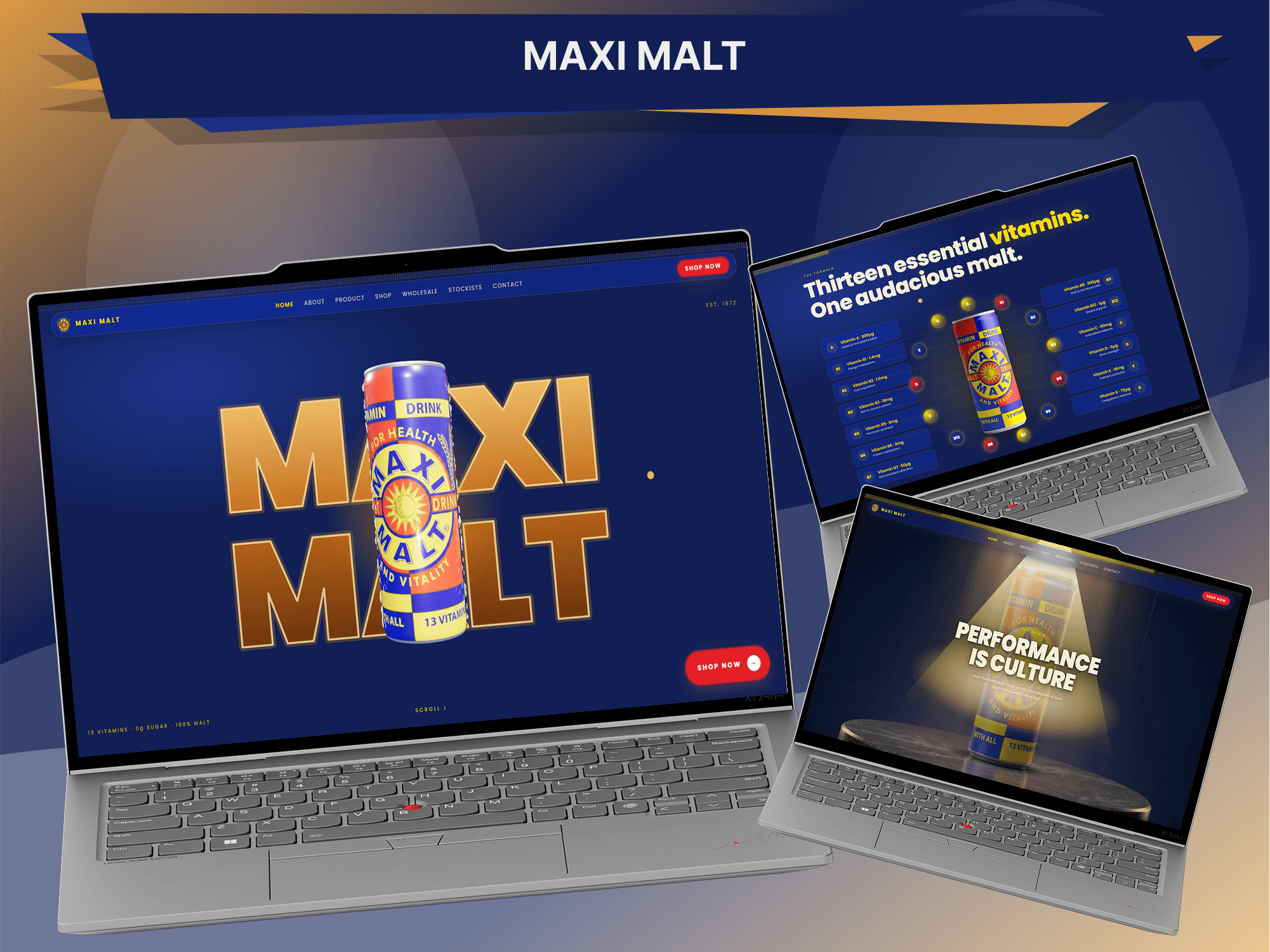 Maxi Malt — a heritage malt beverage brand website by GitzTech, featuring an interactive product showcase, scroll-driven animation, nutrition storytelling, and an integrated eCommerce store.