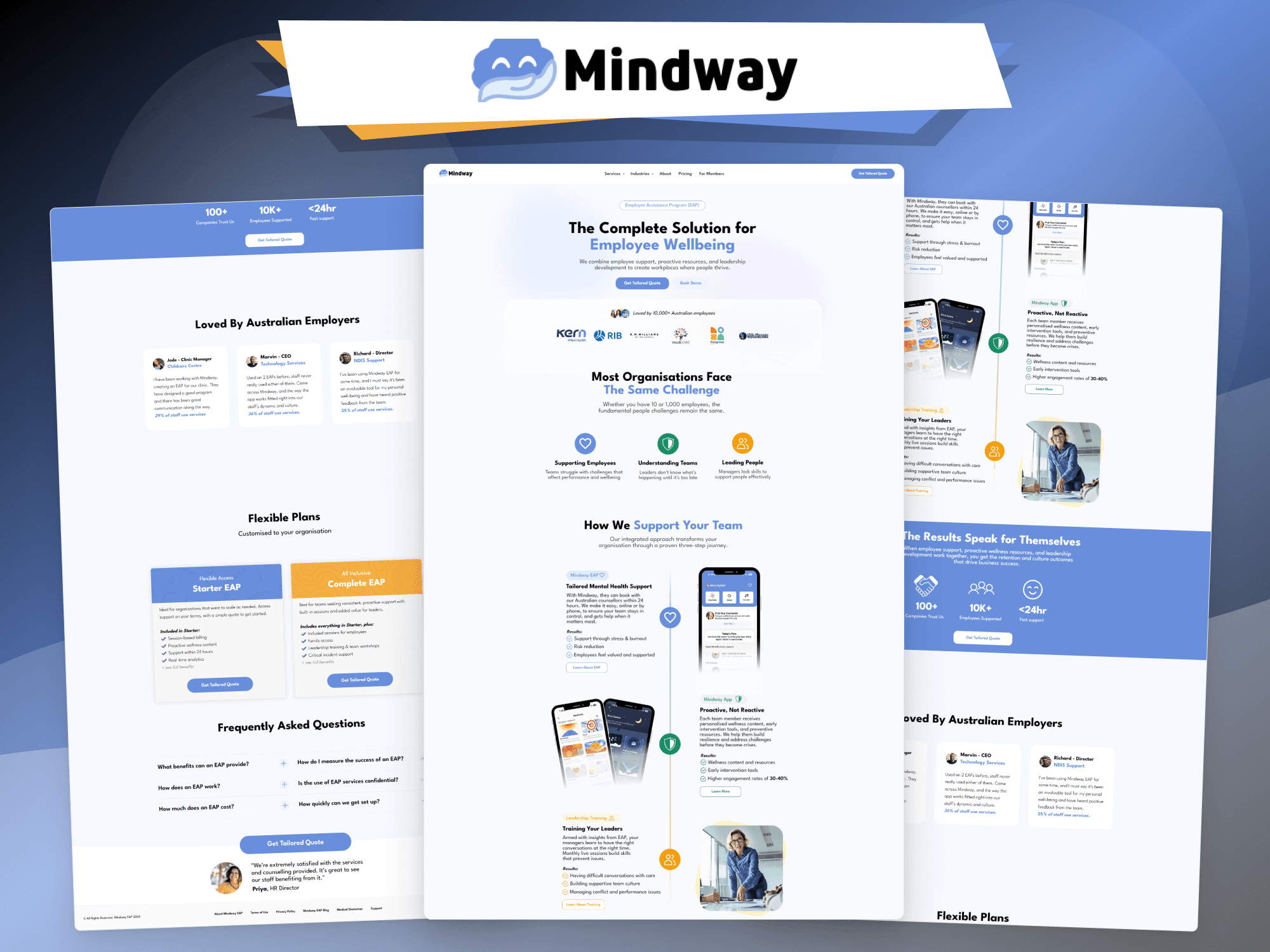 Mindway EAP — an Australian Employee Assistance Program platform by GitzTech, spanning a web experience and native iOS and Android apps for confidential counselling and workplace wellbeing.