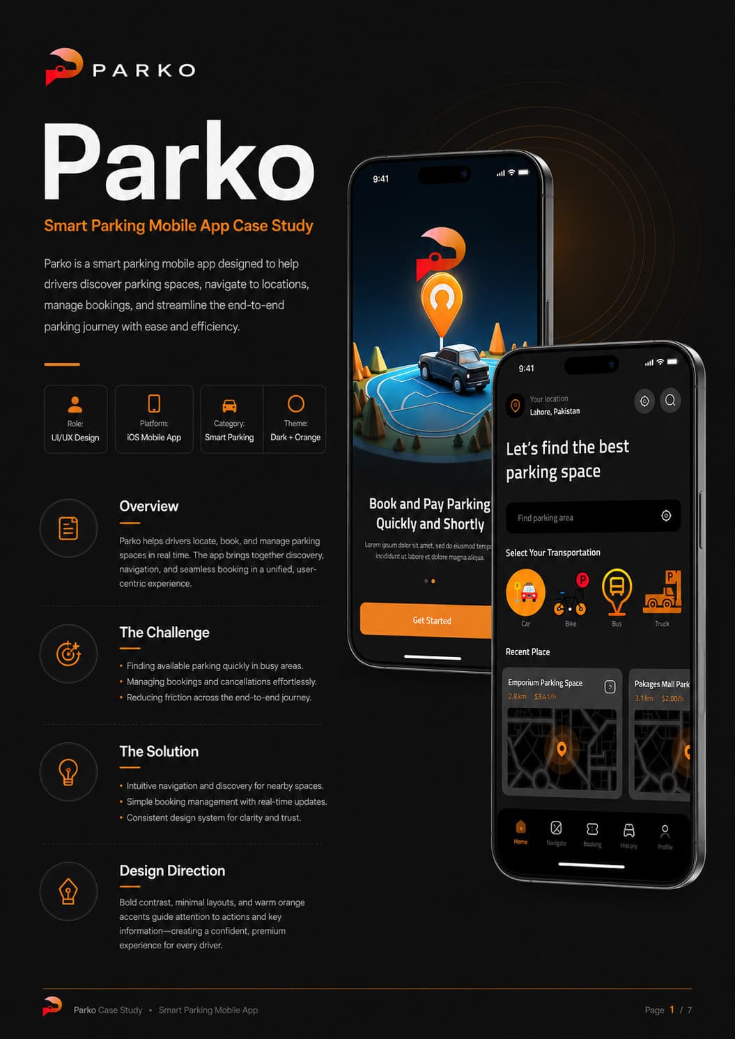 Parko — a UI/UX case study for a smart parking mobile app by GitzTech, spanning nearby discovery, slot selection, a digital QR ticket, live navigation, and a booking management dashboard.