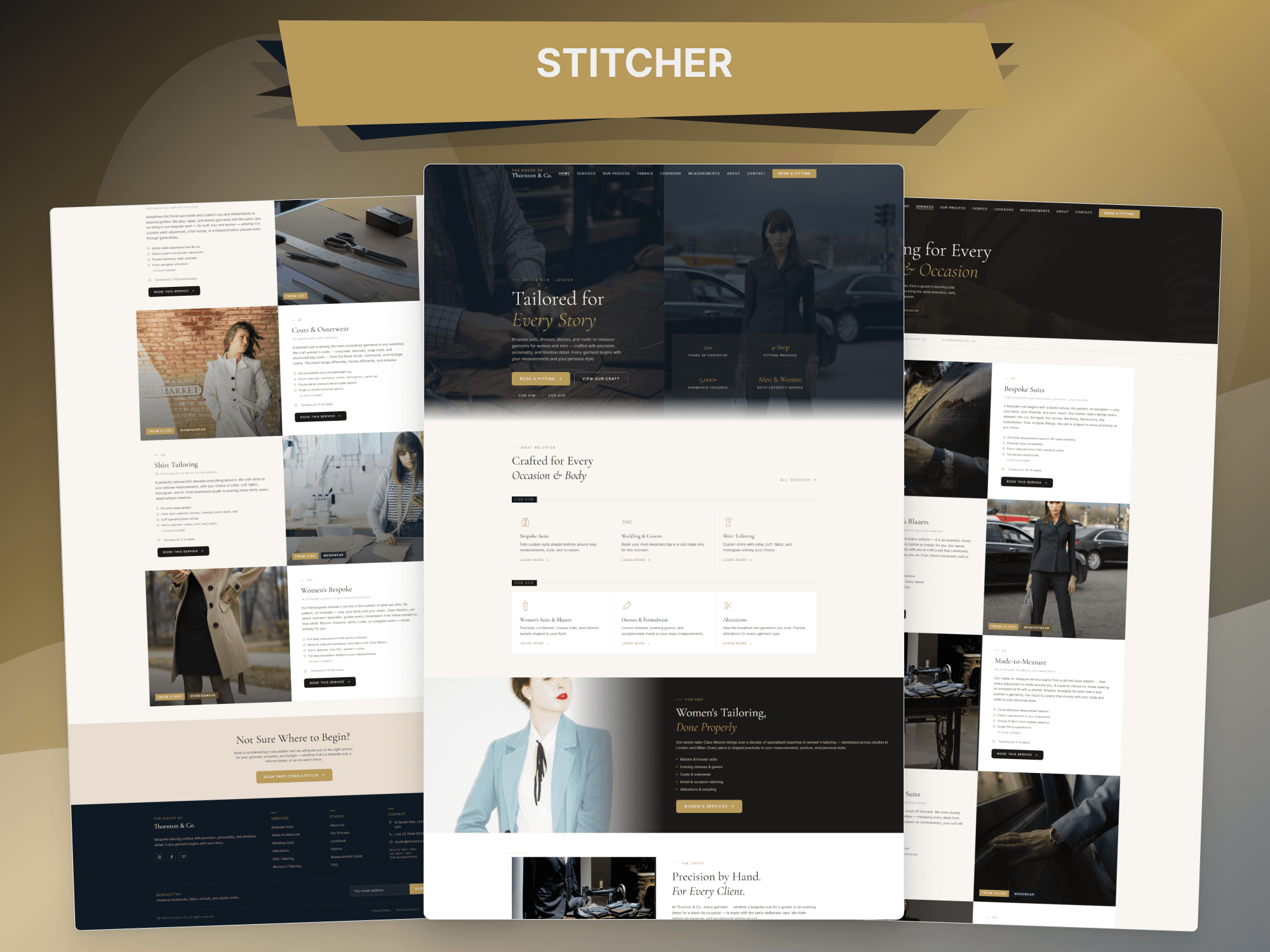 Thornton & Co. — a UI/UX case study for a Savile Row bespoke tailoring website by GitzTech, spanning service discovery, craftsmanship storytelling, personalization, and an appointment-booking journey for both menswear and womenswear.